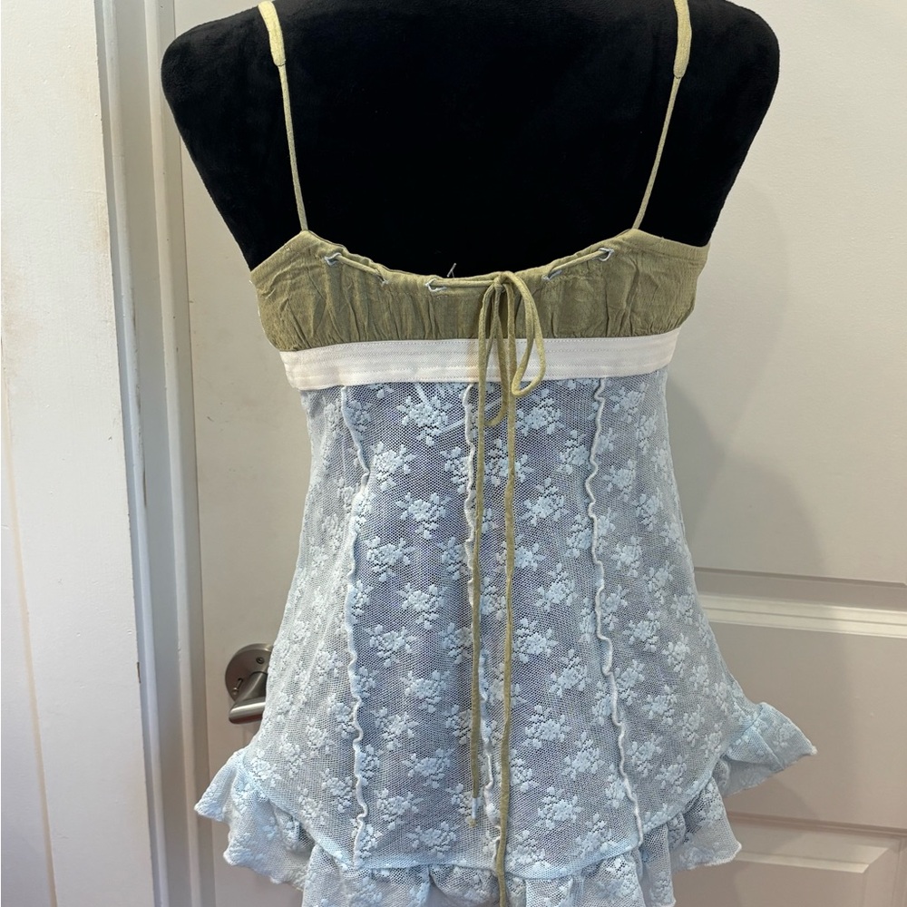 ⏳expiring⏳NWOT Free People Intimately Lace Chemise in Olive & Light Blue - S - Picture 3 of 8